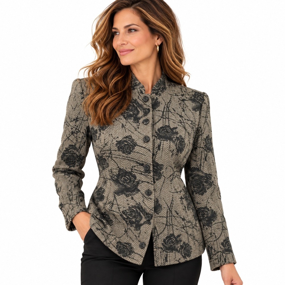 Florentine Womens Jacket 80s Herringbone Print Black Floral Overlay  Size 12